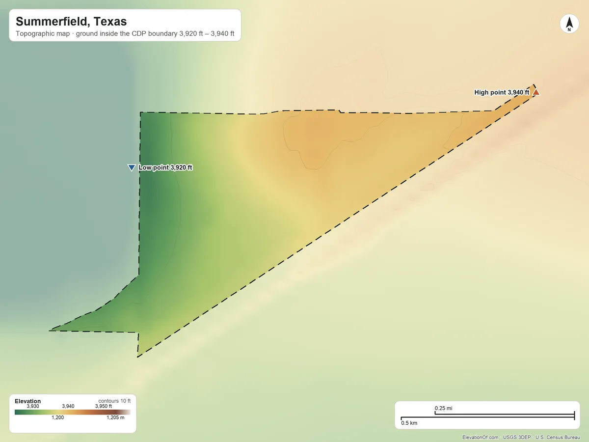Topographic elevation map of Summerfield, Texas, shaded from 3,920 ft on the northwest side to 3,940 ft on the northeast side