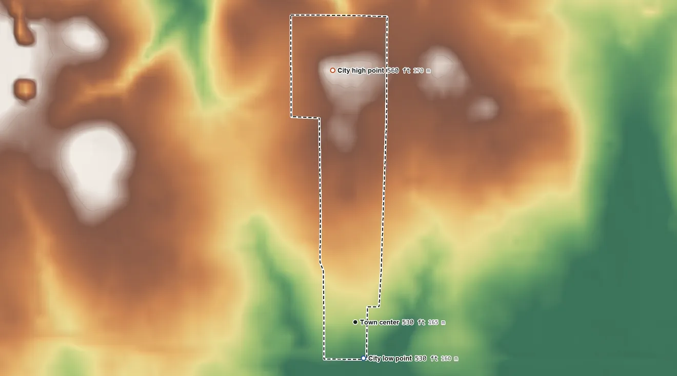 Topographic elevation map of Sun Valley, Texas, shaded from 530 ft on the south side to 560 ft on the north side
