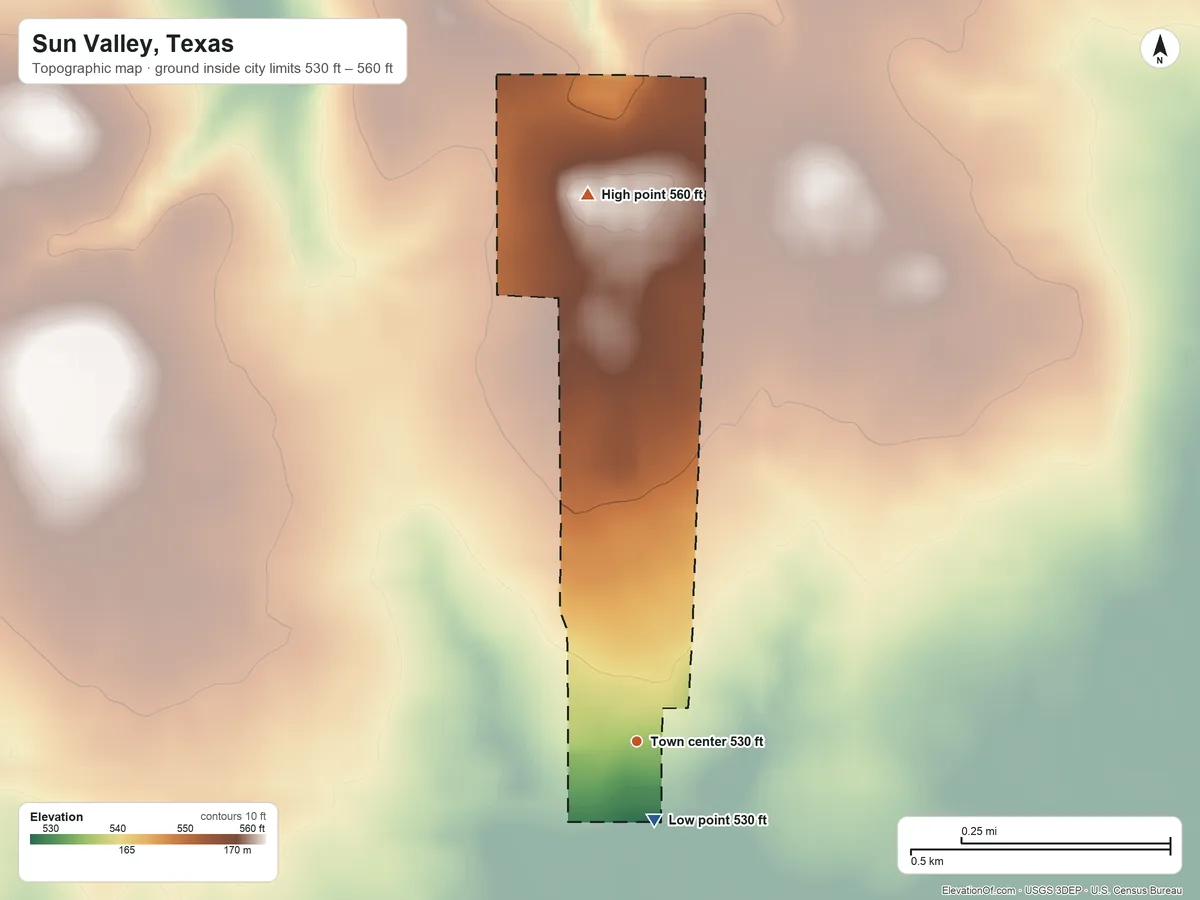 Topographic elevation map of Sun Valley, Texas, shaded from 530 ft on the south side to 560 ft on the north side