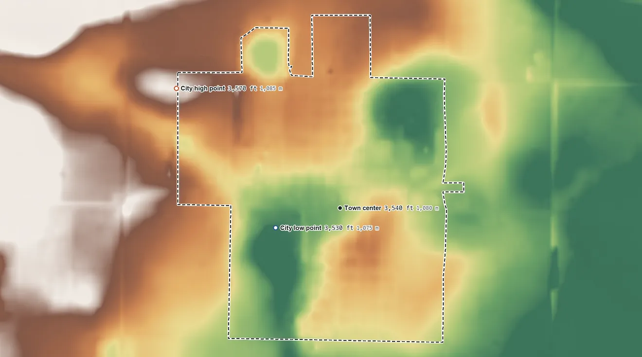 Topographic elevation map of Sundown, Texas, shaded from 3,530 ft on the west side to 3,570 ft on the northwest side