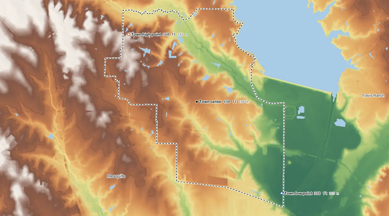 Topographic elevation map of Sunnyvale, Texas, shaded from 380 ft on the southeast side to 540 ft on the northwest side