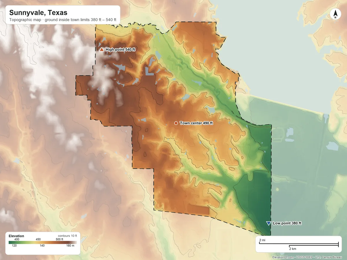 Topographic elevation map of Sunnyvale, Texas, shaded from 380 ft on the southeast side to 540 ft on the northwest side