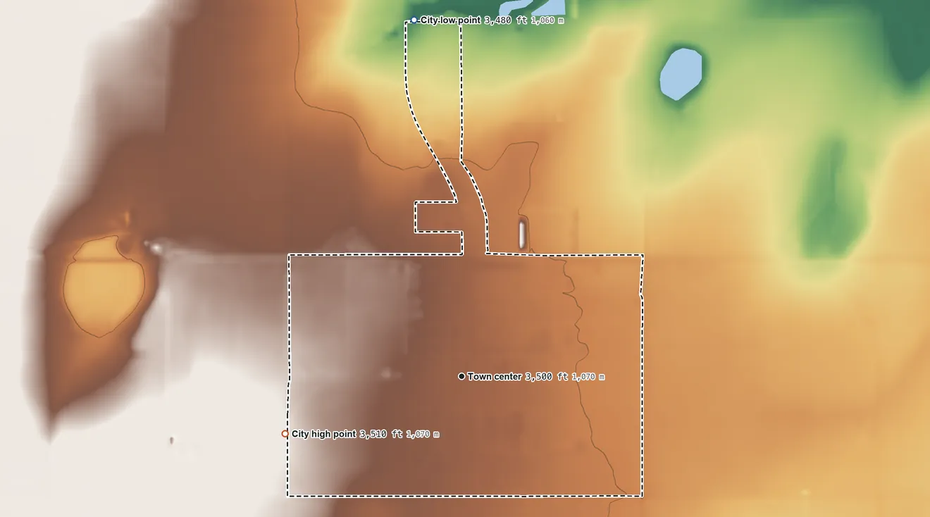 Topographic elevation map of Sunray, Texas, shaded from 3,480 ft on the north side to 3,510 ft on the west side