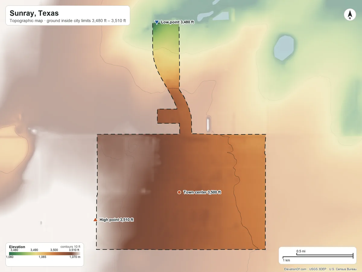 Topographic elevation map of Sunray, Texas, shaded from 3,480 ft on the north side to 3,510 ft on the west side