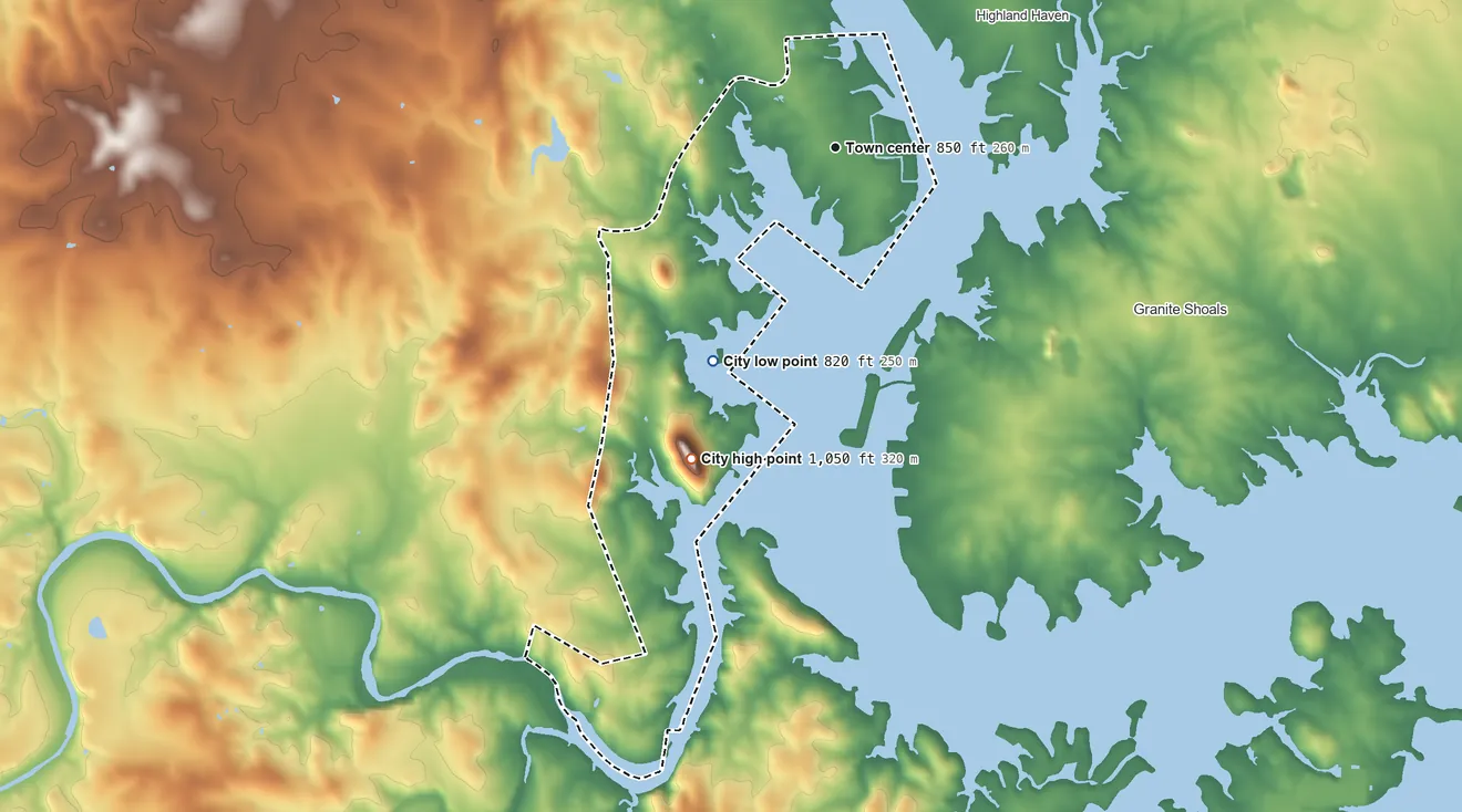 Topographic elevation map of Sunrise Beach Village, Texas, shaded from 820 ft on the southwest side to 1,050 ft on Sandy Mountain