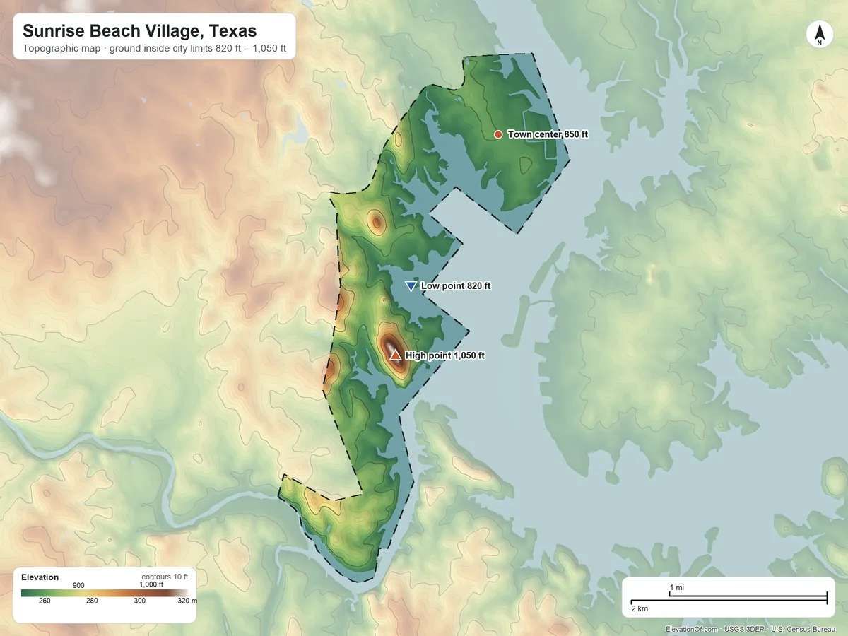 Topographic elevation map of Sunrise Beach Village, Texas, shaded from 820 ft on the southwest side to 1,050 ft on Sandy Mountain