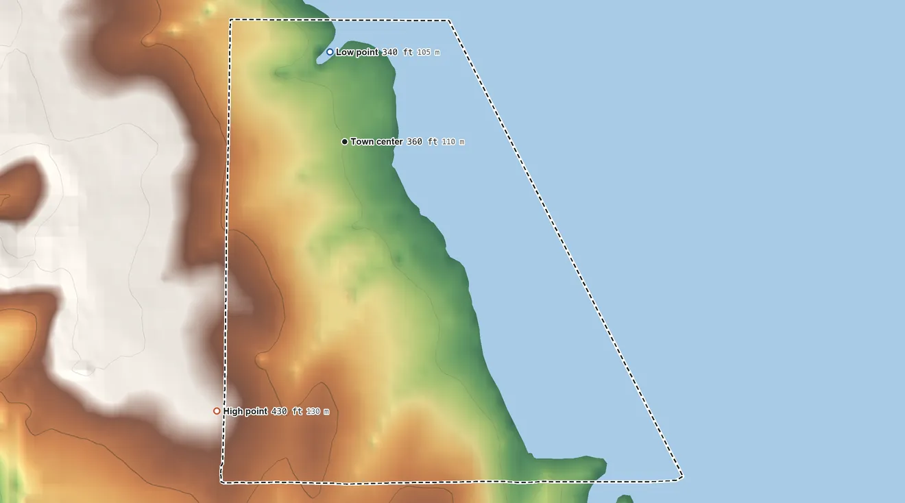 Topographic elevation map of Sunrise Shores, Texas, shaded from 340 ft on the north side to 430 ft on the southwest side
