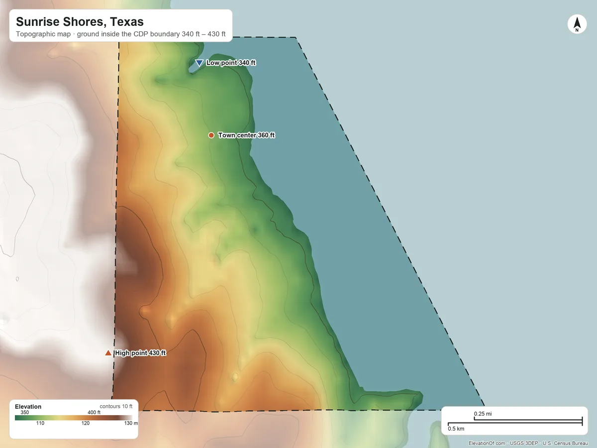 Topographic elevation map of Sunrise Shores, Texas, shaded from 340 ft on the north side to 430 ft on the southwest side