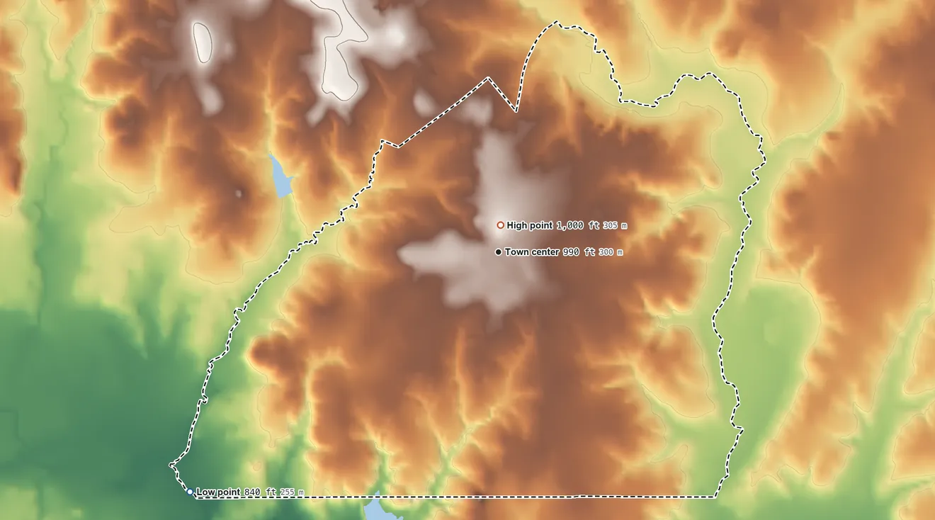 Topographic elevation map of Sunset, Texas, shaded from 840 ft on the southwest side to 1,000 ft near the middle