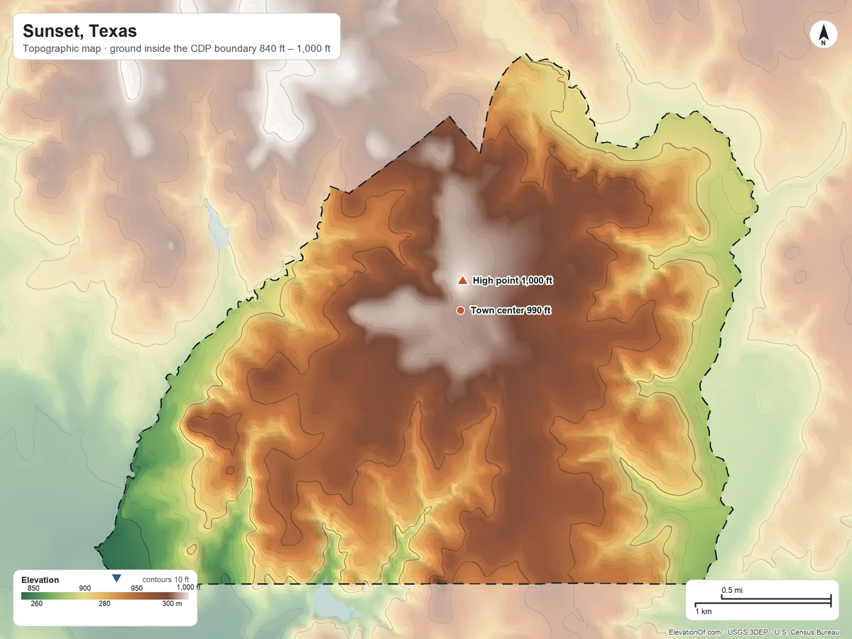 Topographic elevation map of Sunset, Texas, shaded from 840 ft on the southwest side to 1,000 ft near the middle