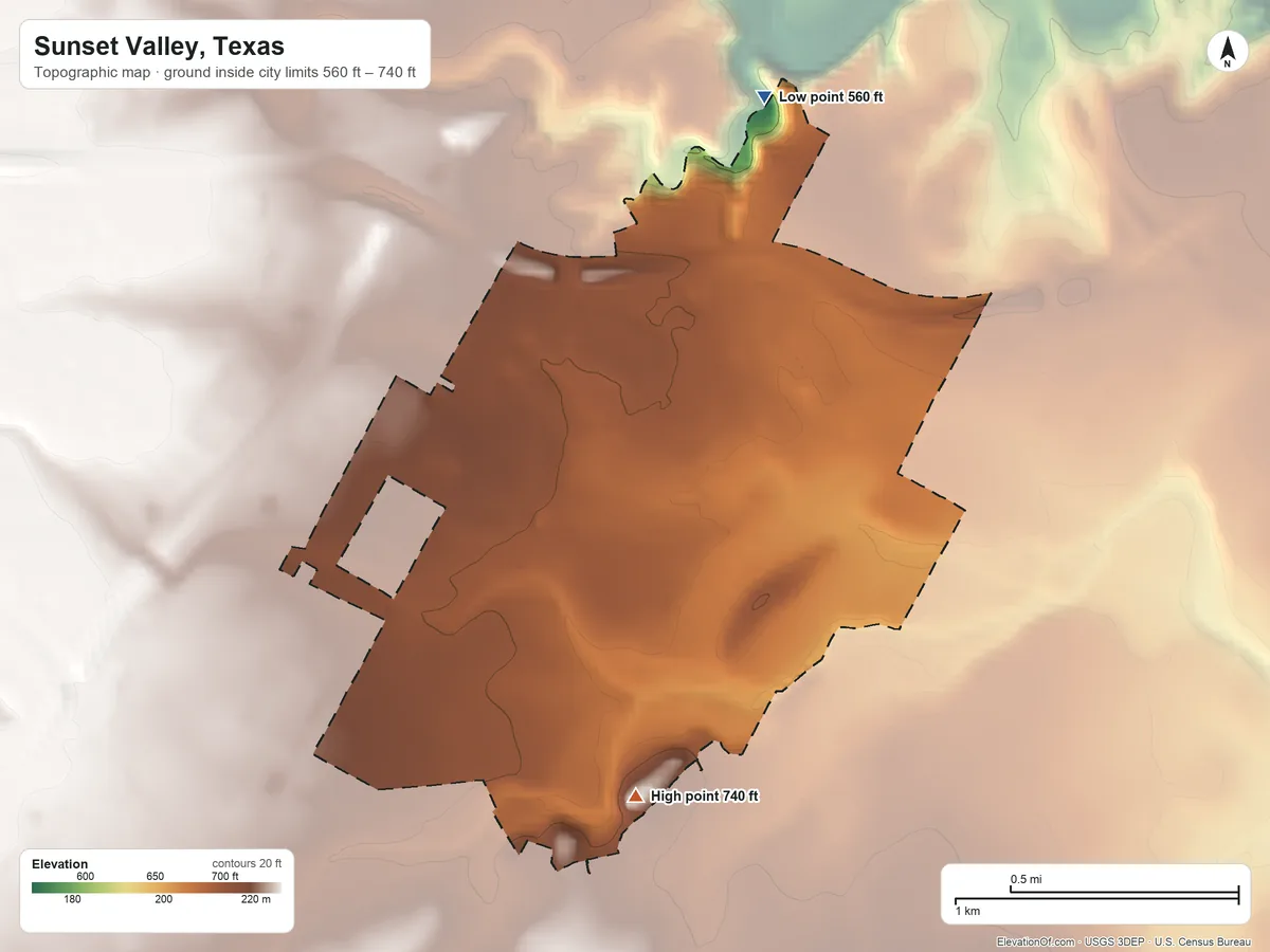 Topographic elevation map of Sunset Valley, Texas, shaded from 560 ft on the north side to 740 ft on the south side