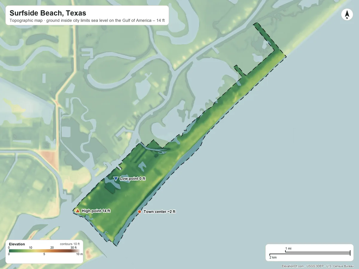 Topographic elevation map of Surfside Beach, Texas, shaded from sea level level on the Gulf of America to 14 ft on the west side