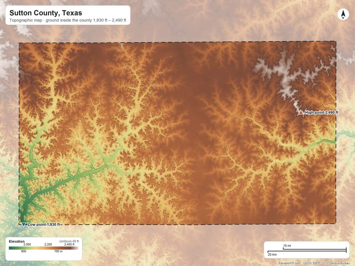 Topographic elevation map of Sutton County, Texas, shaded from 1,830 ft on the southwest side to 2,490 ft on the east side