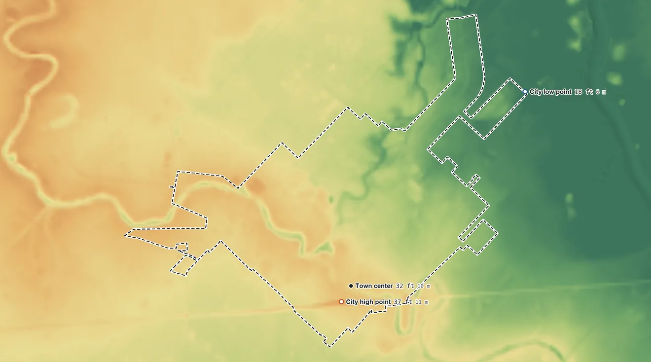 Topographic elevation map of Sweeny, Texas, shaded from 18 ft on the northeast side to 37 ft near the middle
