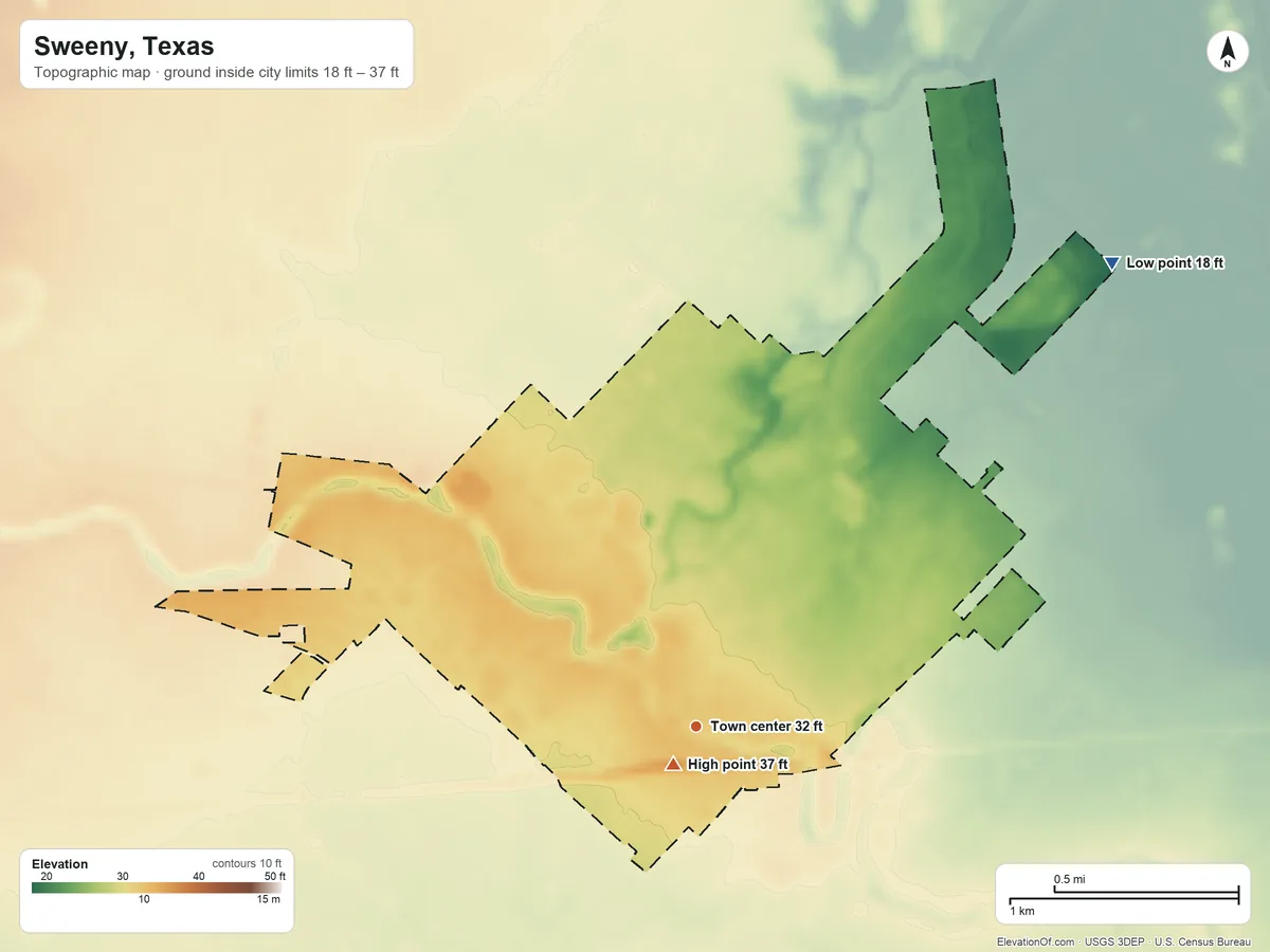 Topographic elevation map of Sweeny, Texas, shaded from 18 ft on the northeast side to 37 ft near the middle