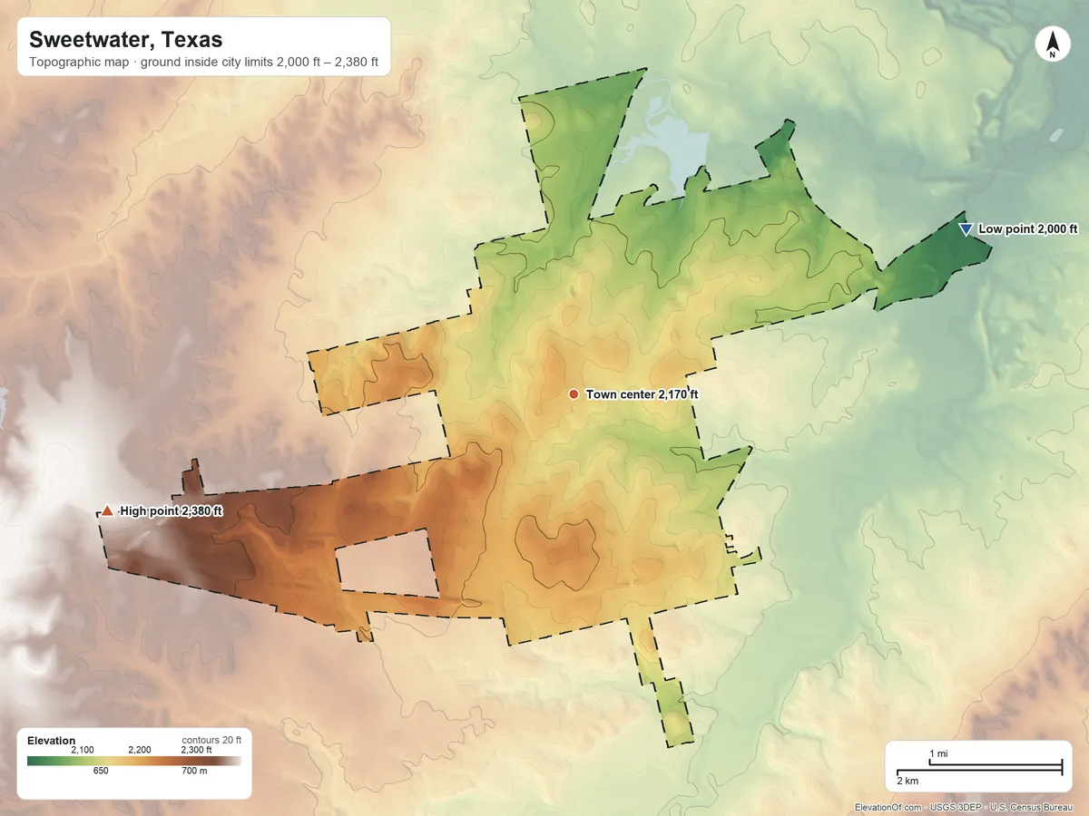 Topographic elevation map of Sweetwater, Texas, shaded from 2,000 ft on the northeast side to 2,380 ft on the west side