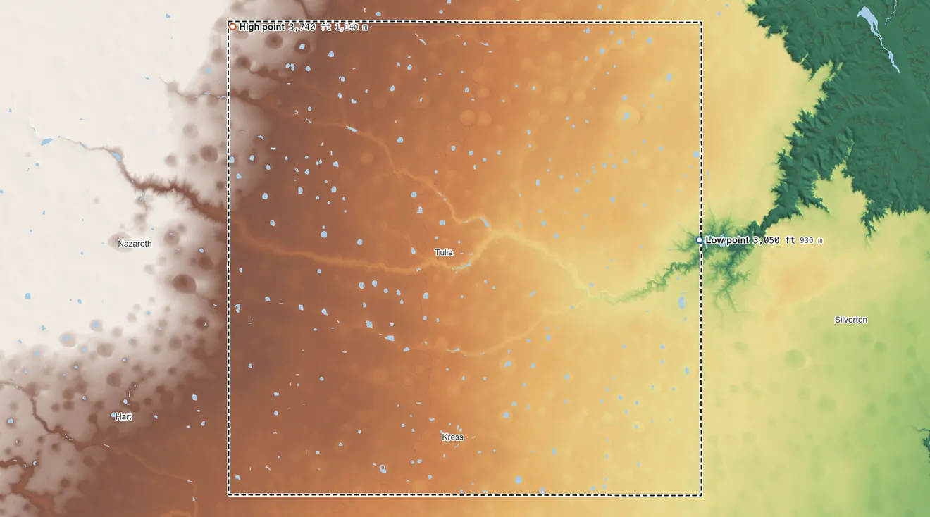 Topographic elevation map of Swisher County, Texas, shaded from 3,050 ft on the east side to 3,740 ft on the northwest side
