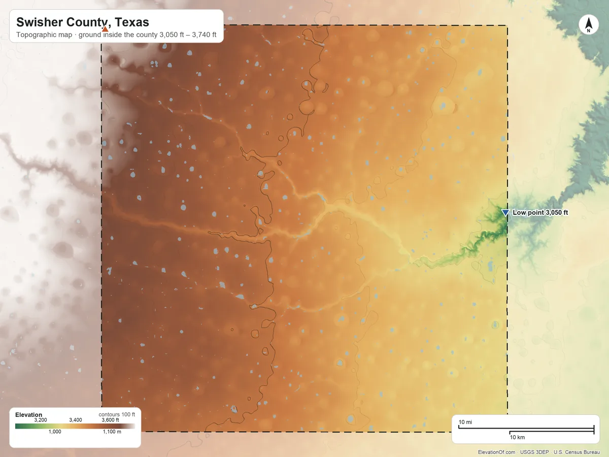 Topographic elevation map of Swisher County, Texas, shaded from 3,050 ft on the east side to 3,740 ft on the northwest side