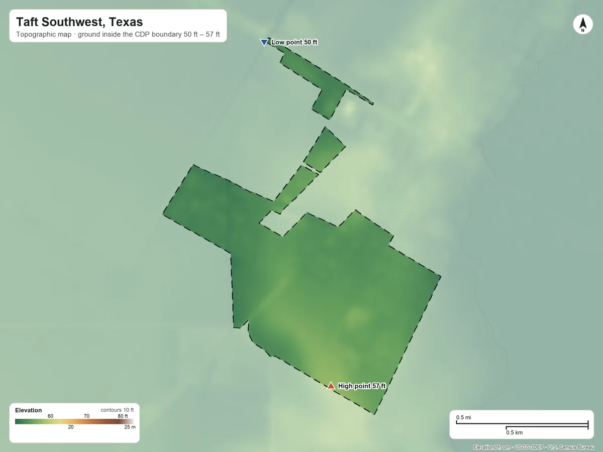 Topographic elevation map of Taft Southwest, Texas, shaded from 50 ft on the north side to 57 ft on the south side