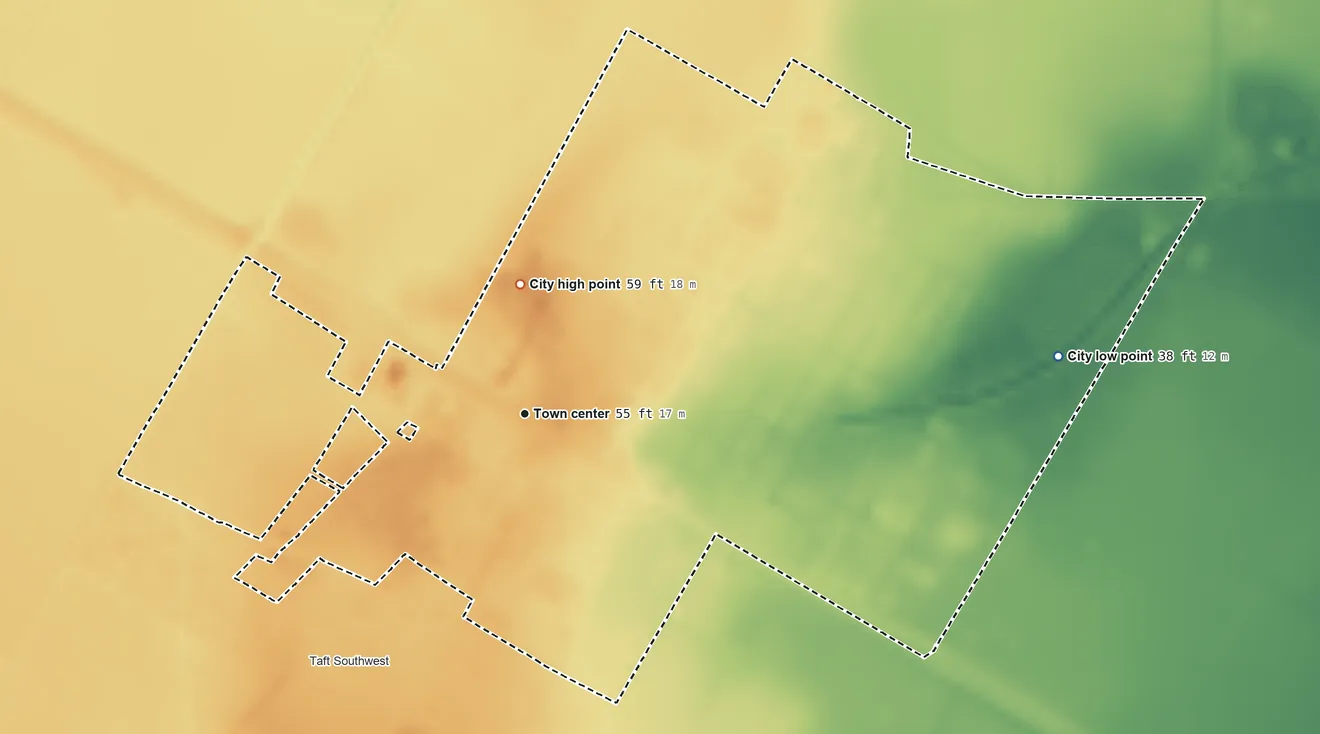 Topographic elevation map of Taft, Texas, shaded from 38 ft on the east side to 59 ft on the north side