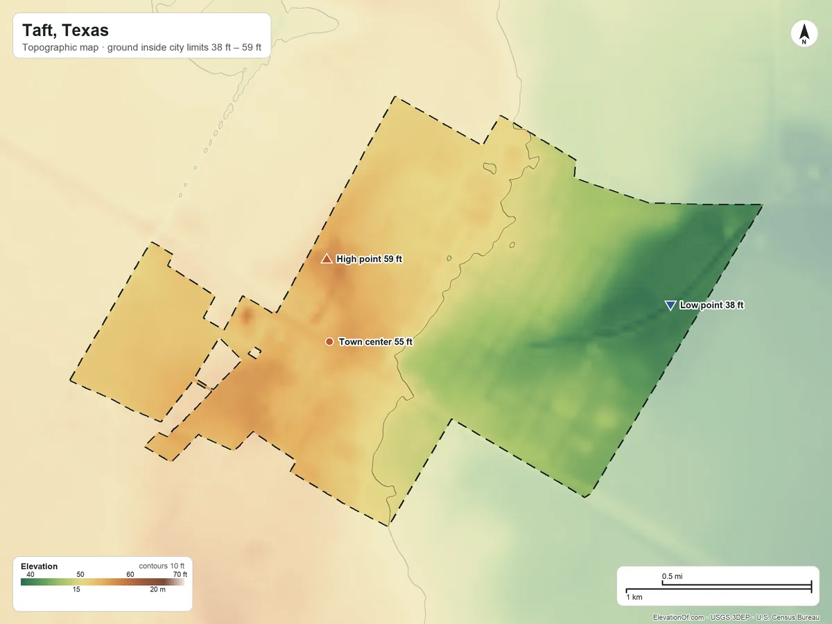 Topographic elevation map of Taft, Texas, shaded from 38 ft on the east side to 59 ft on the north side