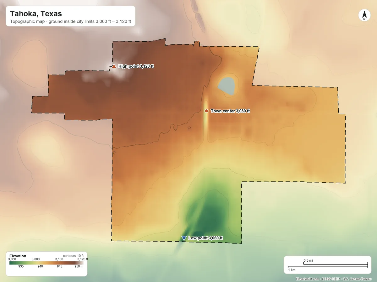 Topographic elevation map of Tahoka, Texas, shaded from 3,060 ft on the south side to 3,120 ft on the northwest side