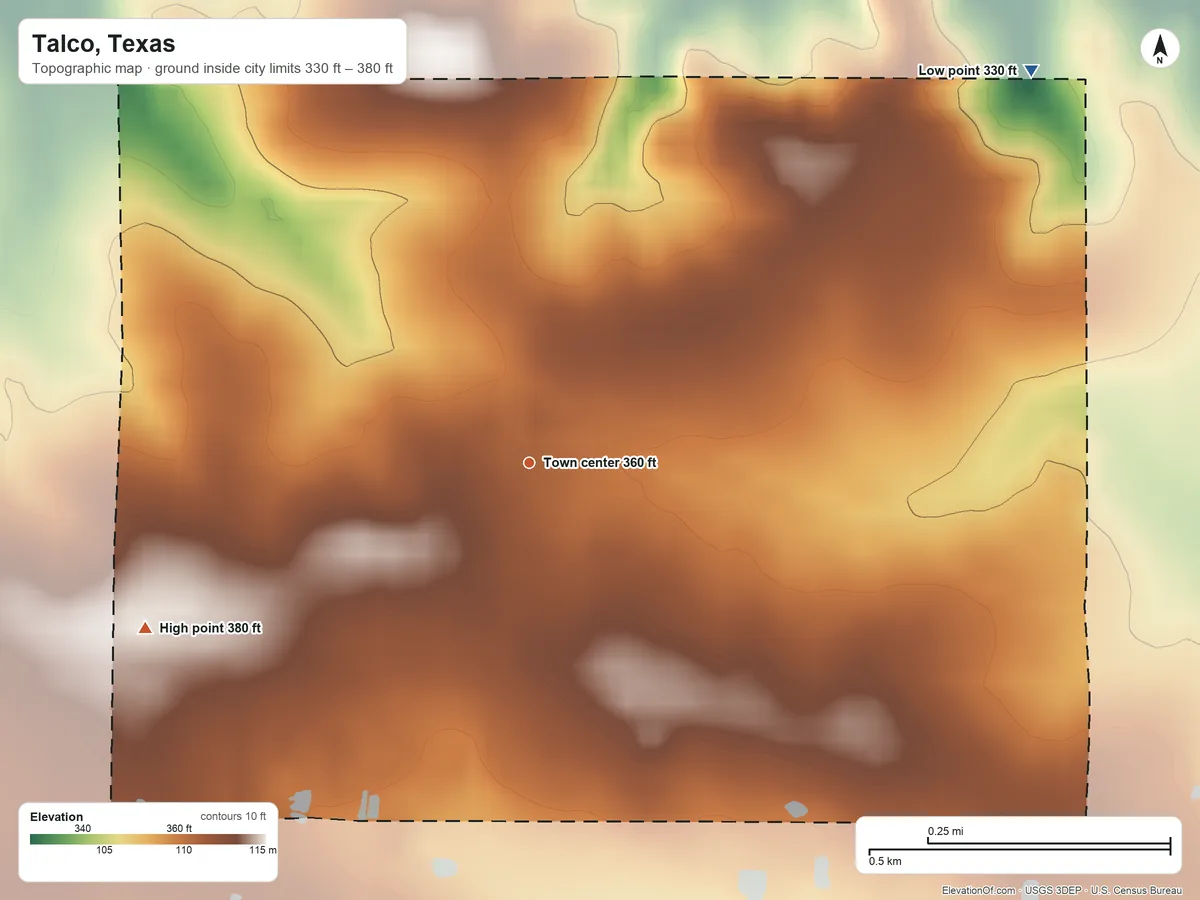 Topographic elevation map of Talco, Texas, shaded from 330 ft on the northeast side to 380 ft on the southwest side