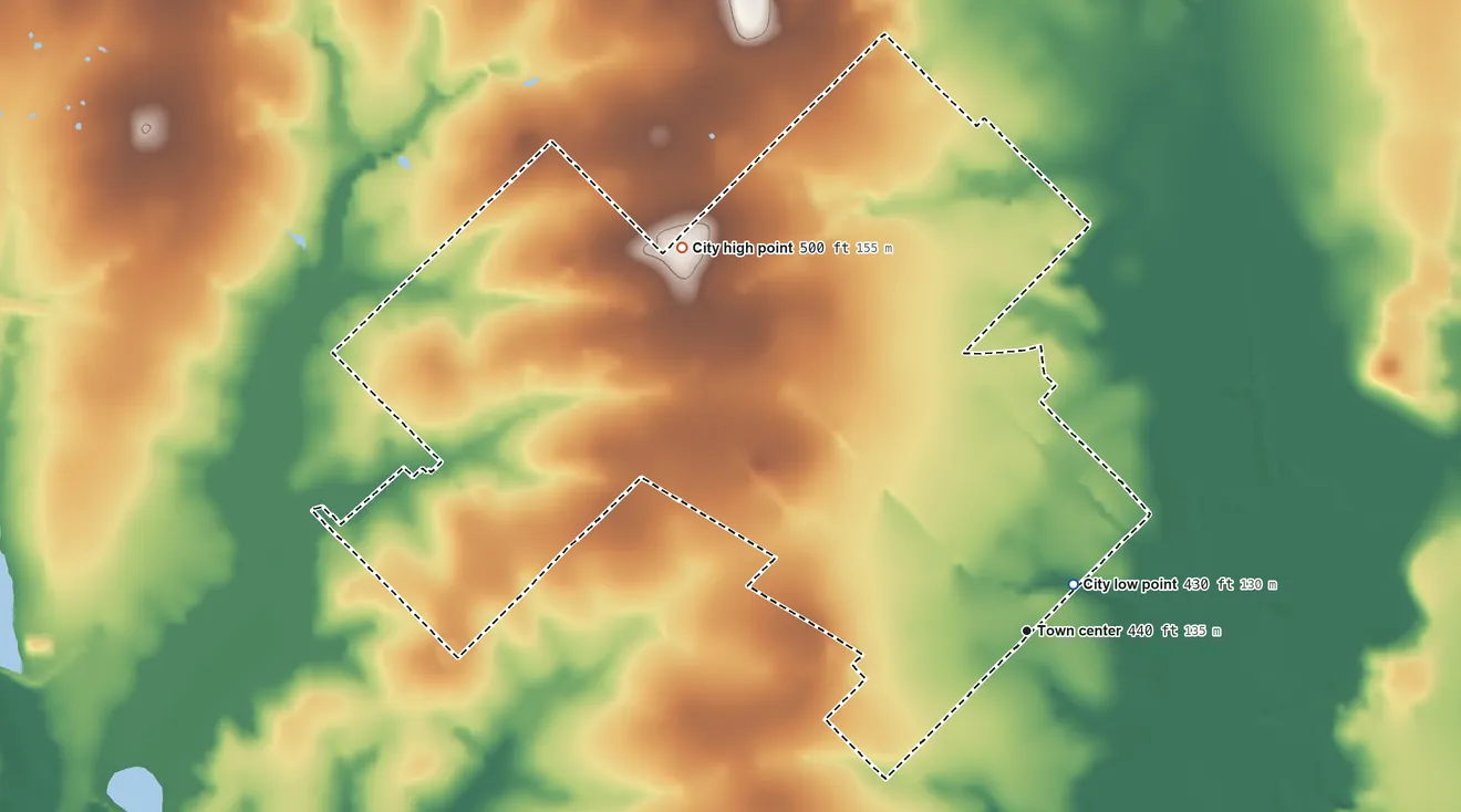 Topographic elevation map of Talty, Texas, shaded from 430 ft near the middle to 500 ft on the northwest side