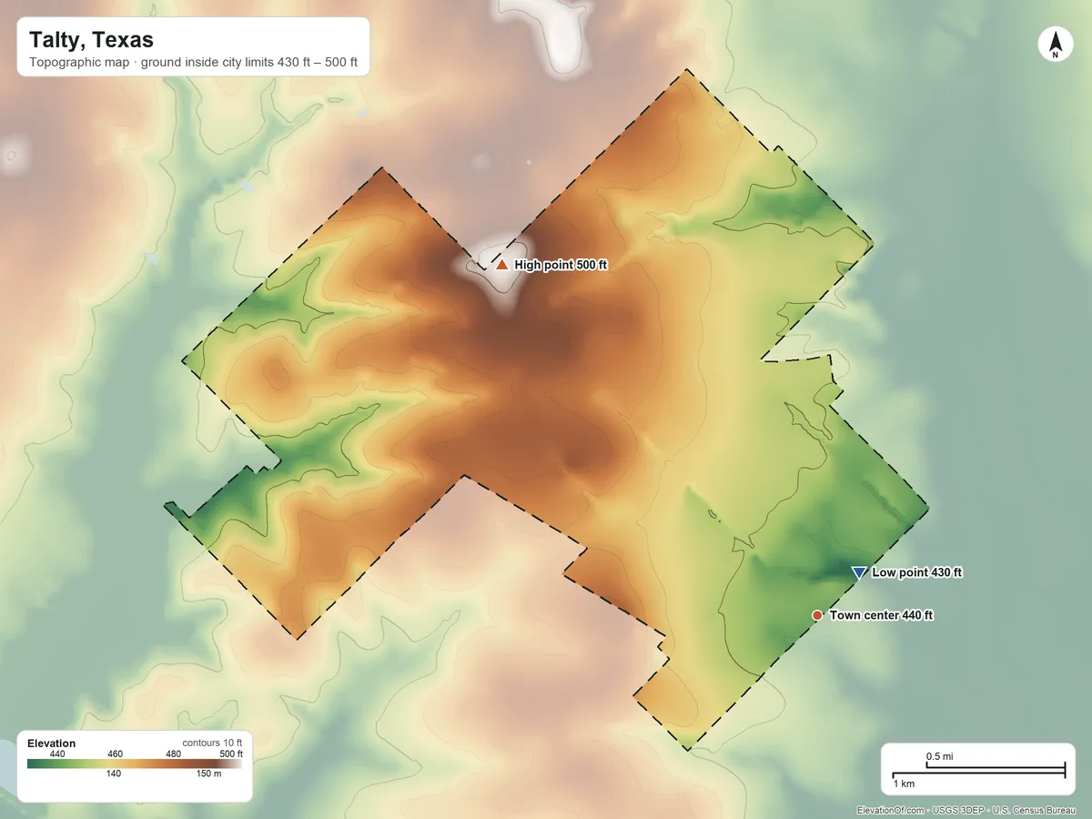 Topographic elevation map of Talty, Texas, shaded from 430 ft near the middle to 500 ft on the northwest side