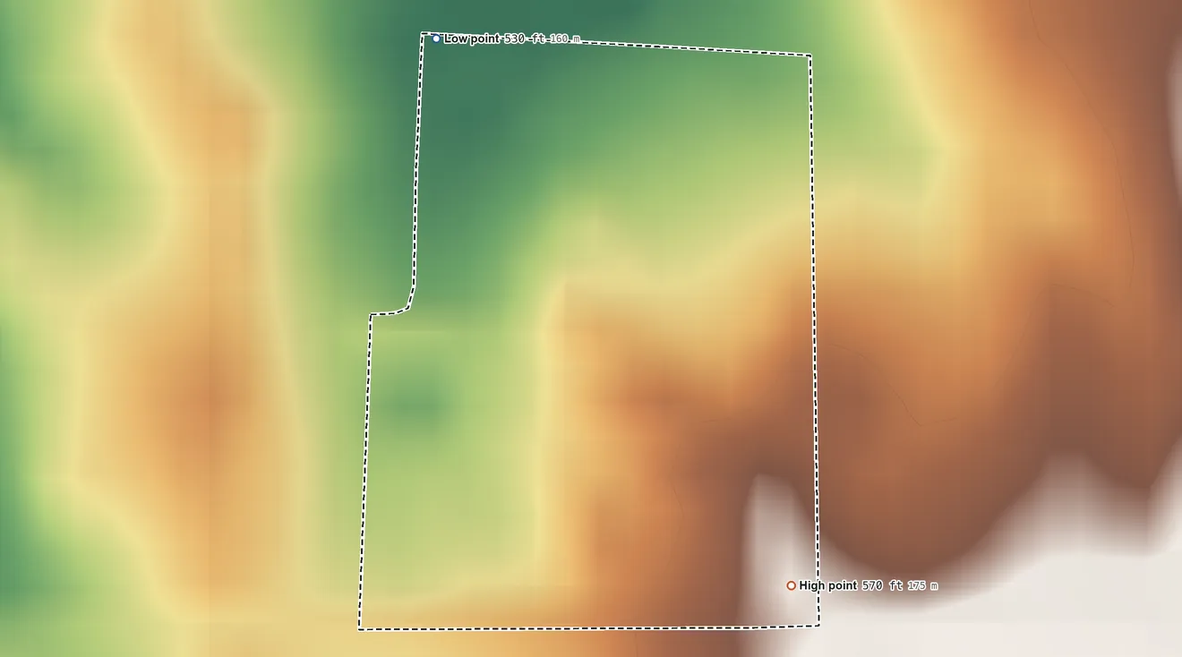 Topographic elevation map of Tanquecitos South Acres II, Texas, shaded from 530 ft on the northwest side to 570 ft on the southeast side