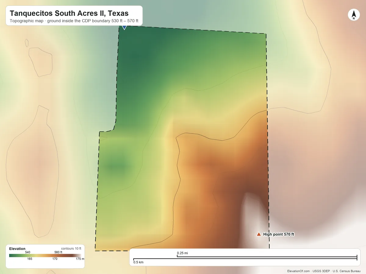 Topographic elevation map of Tanquecitos South Acres II, Texas, shaded from 530 ft on the northwest side to 570 ft on the southeast side