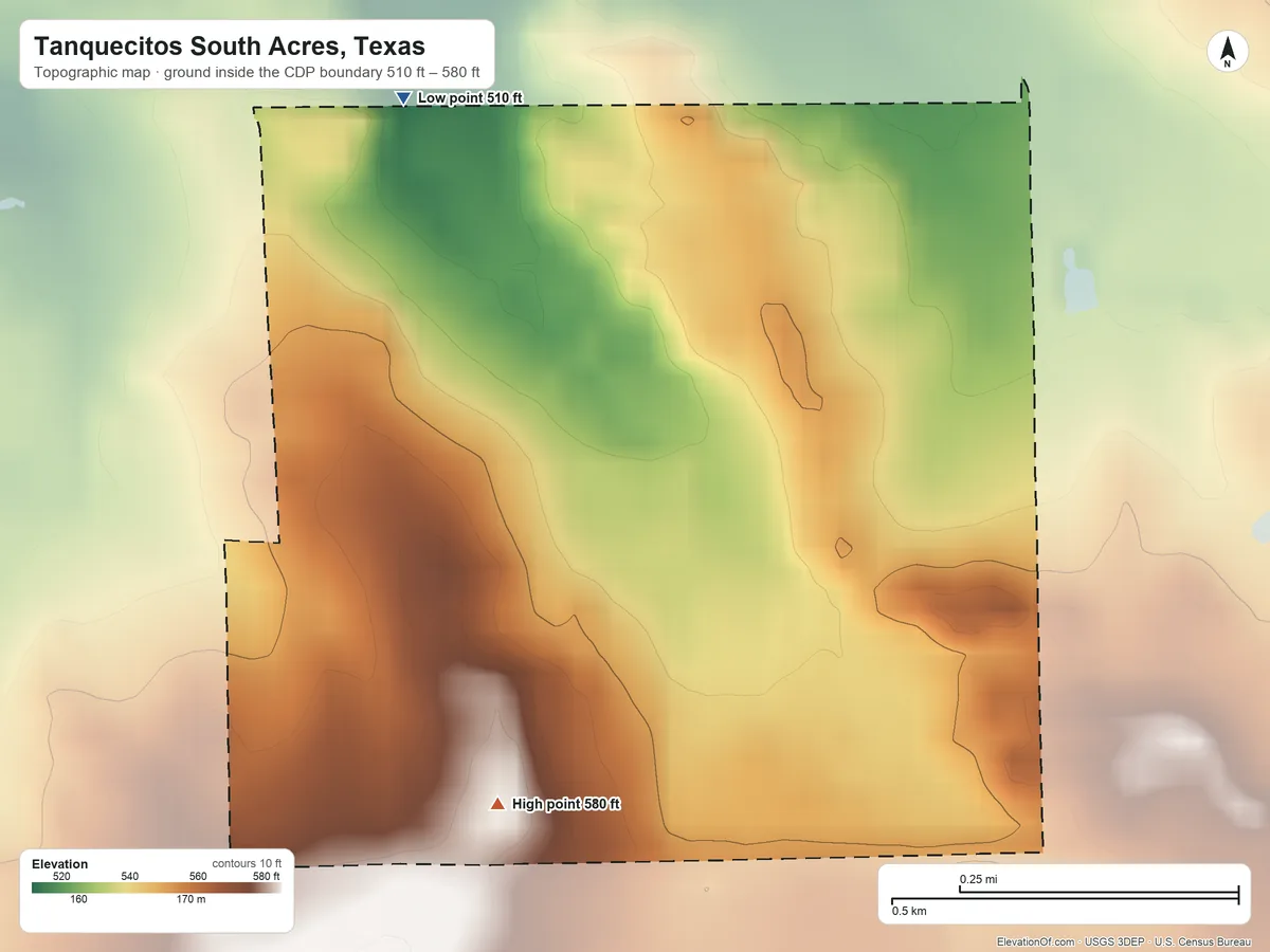 Topographic elevation map of Tanquecitos South Acres, Texas, shaded from 510 ft on the northwest side to 580 ft on the southwest side