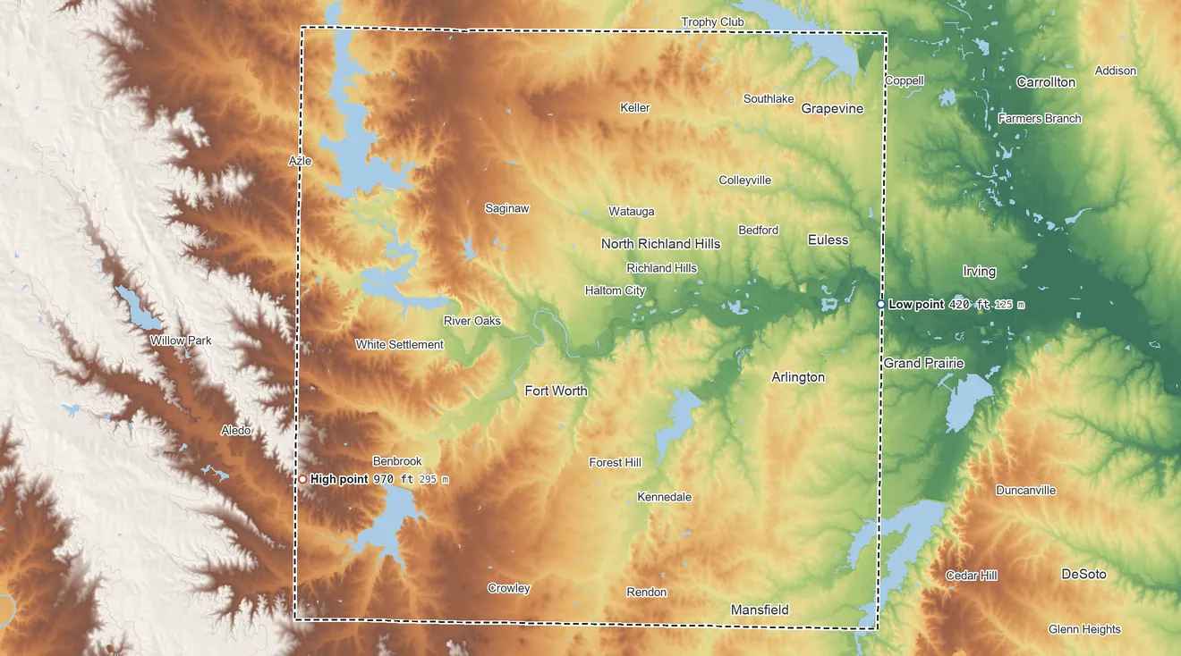 Topographic elevation map of Tarrant County, Texas, shaded from 420 ft on the east side to 970 ft on the southwest side