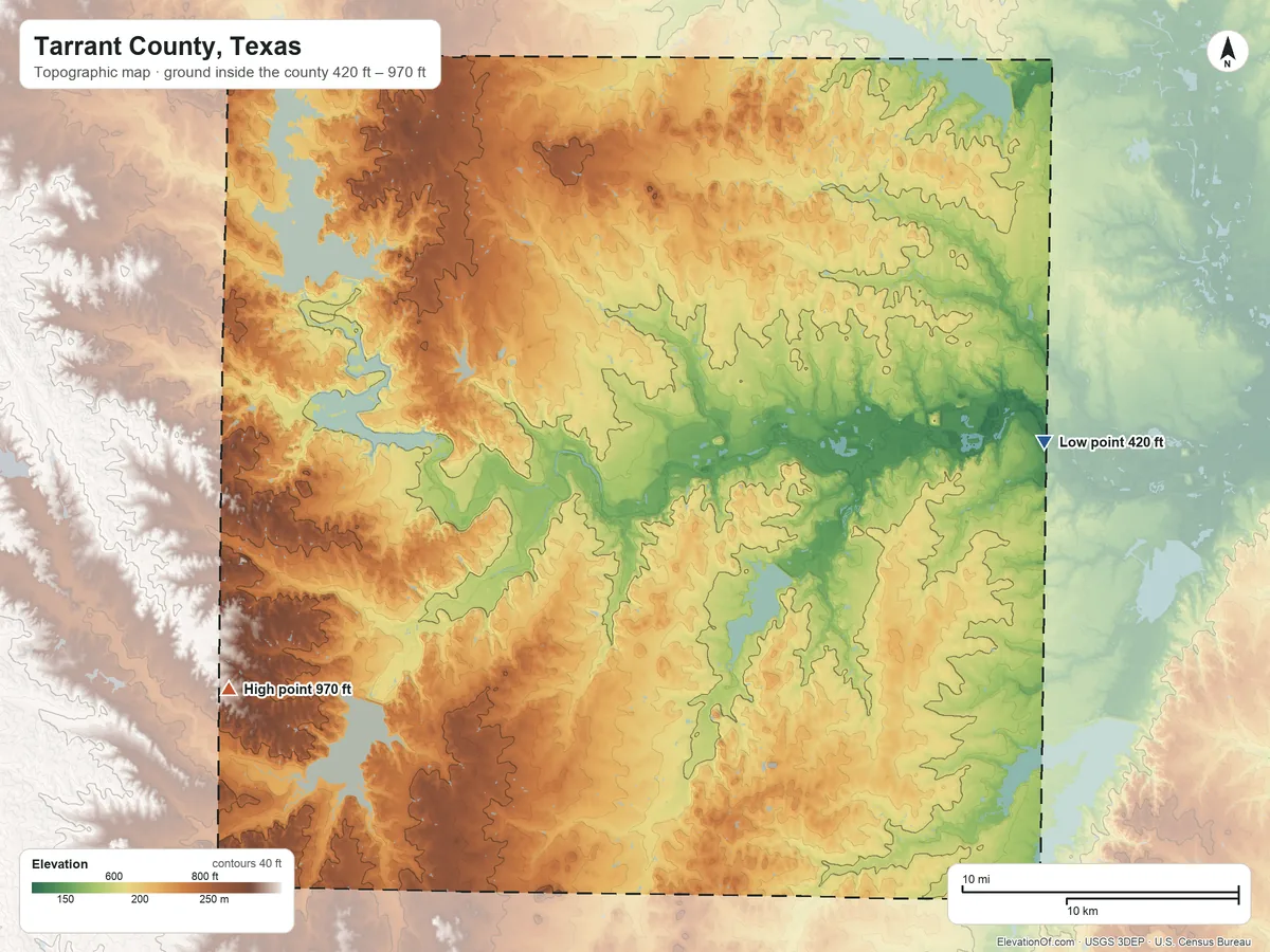 Topographic elevation map of Tarrant County, Texas, shaded from 420 ft on the east side to 970 ft on the southwest side