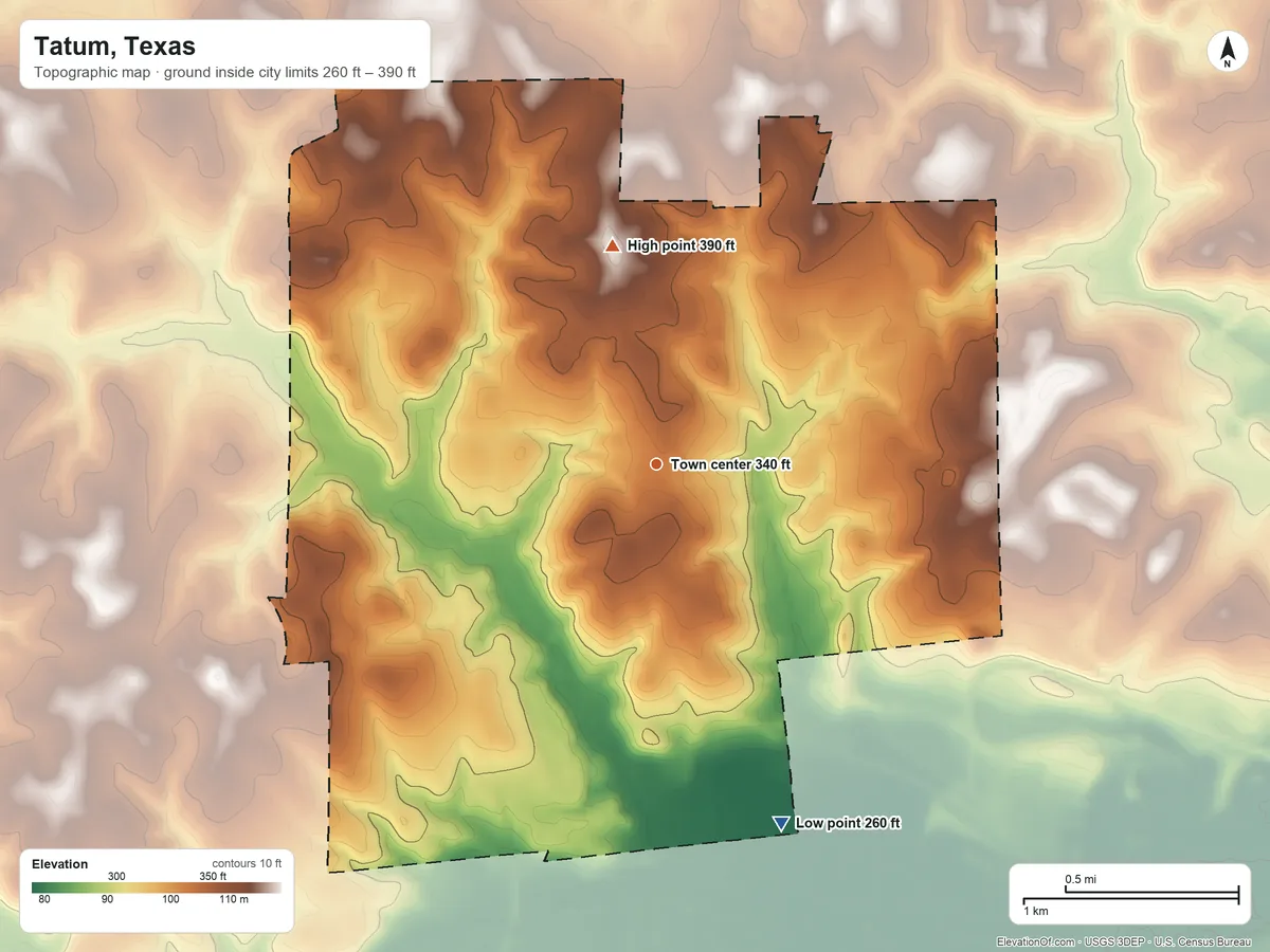 Topographic elevation map of Tatum, Texas, shaded from 260 ft on the south side to 390 ft on the north side