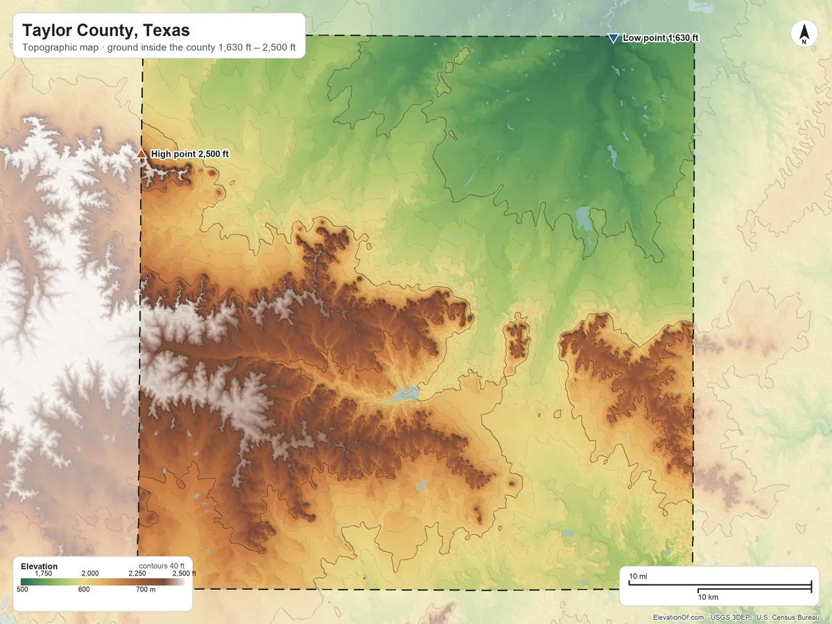 Topographic elevation map of Taylor County, Texas, shaded from 1,630 ft on the northeast side to 2,500 ft on the northwest side