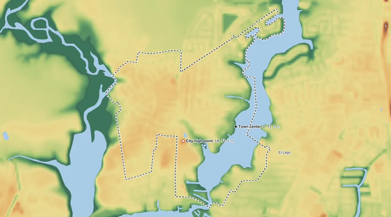 Topographic elevation map of Taylor Lake Village, Texas, shaded from 0 ft on the southwest side to 18 ft on the west side