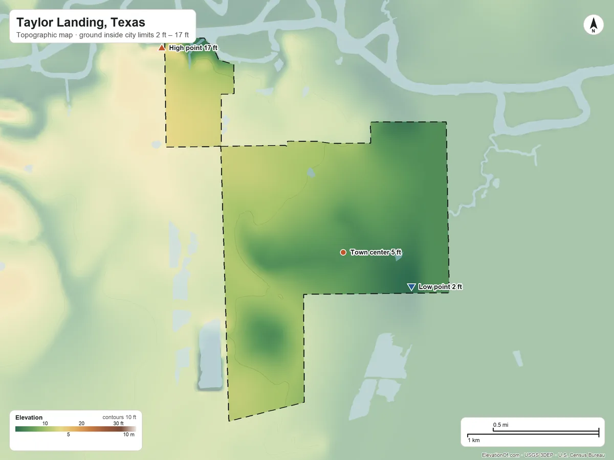 Topographic elevation map of Taylor Landing, Texas, shaded from 2 ft on the southeast side to 17 ft on the northwest side