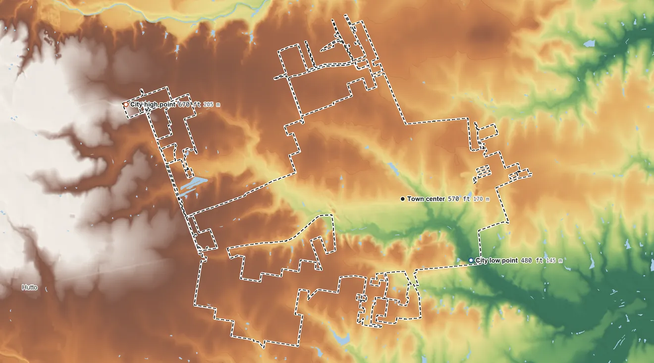 Topographic elevation map of Taylor, Texas, shaded from 480 ft on the southeast side to 670 ft on the west side