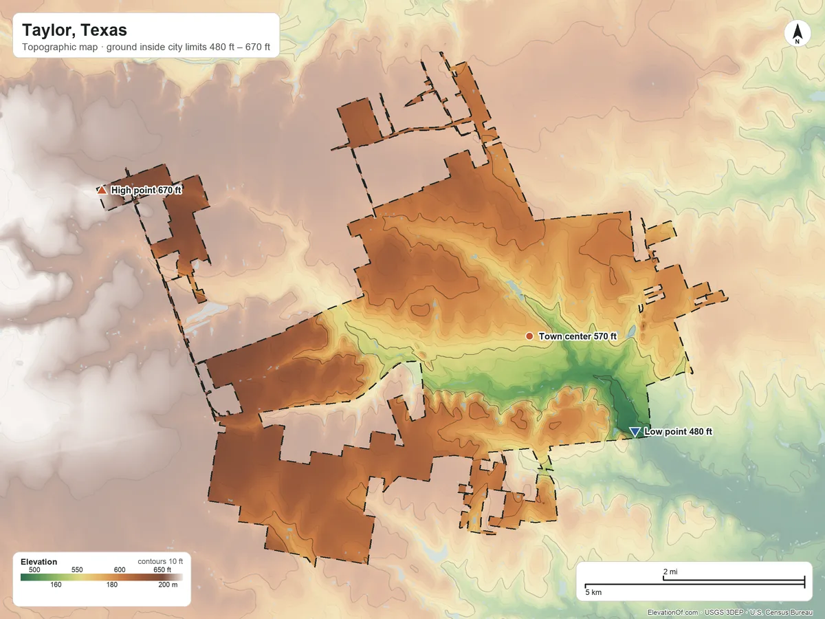 Topographic elevation map of Taylor, Texas, shaded from 480 ft on the southeast side to 670 ft on the west side