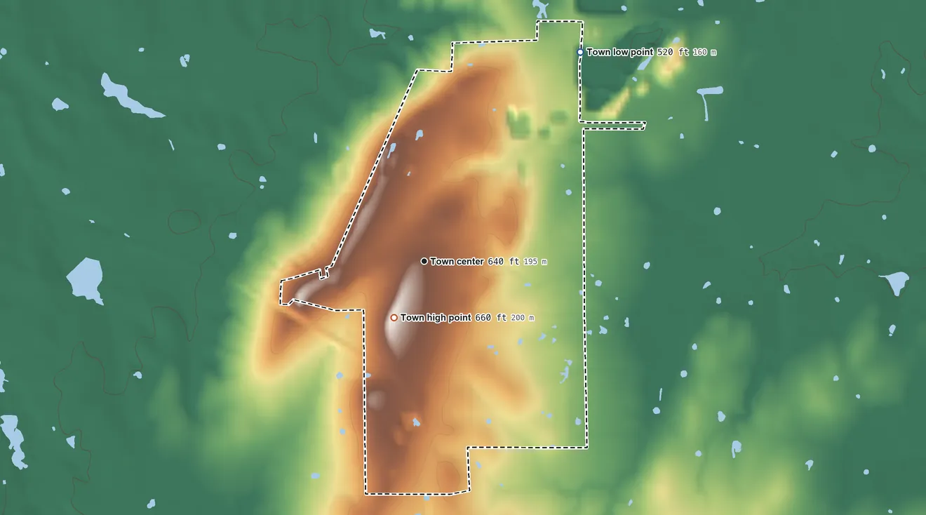 Topographic elevation map of Tehuacana, Texas, shaded from 520 ft on the northeast side to 660 ft on the southwest side