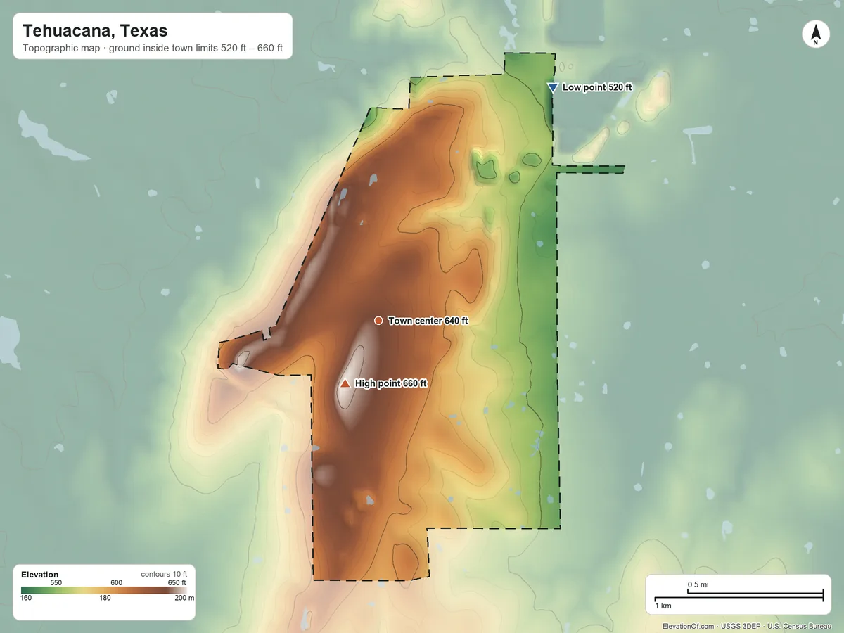 Topographic elevation map of Tehuacana, Texas, shaded from 520 ft on the northeast side to 660 ft on the southwest side