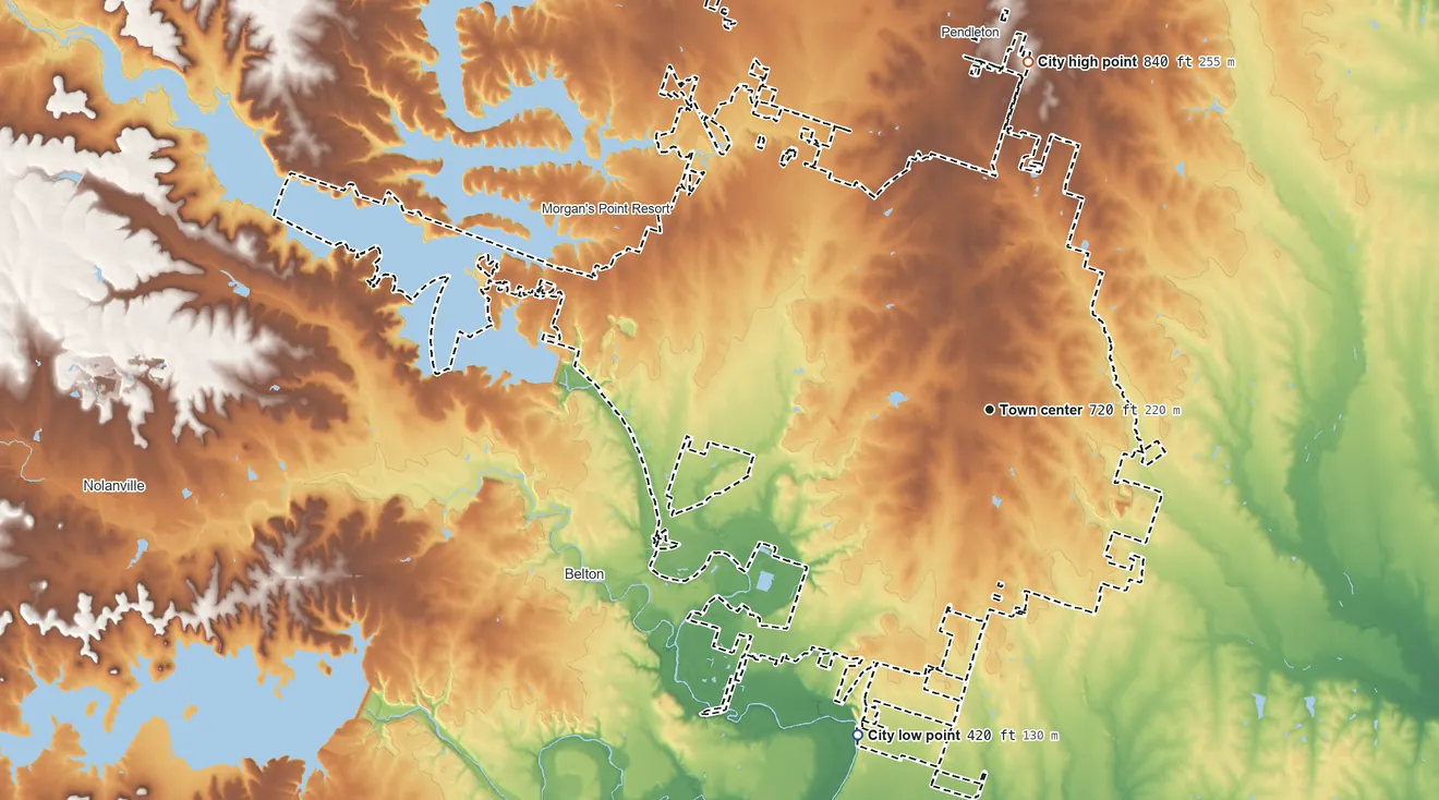 Topographic elevation map of Temple, Texas, shaded from 420 ft on the south side to 840 ft on the north side