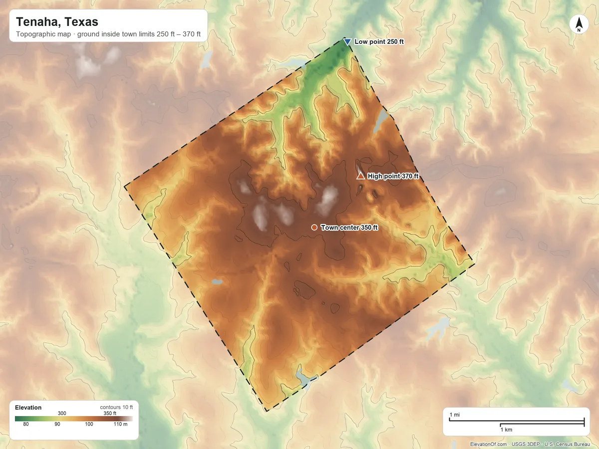 Topographic elevation map of Tenaha, Texas, shaded from 250 ft on the north side to 370 ft on the northeast side