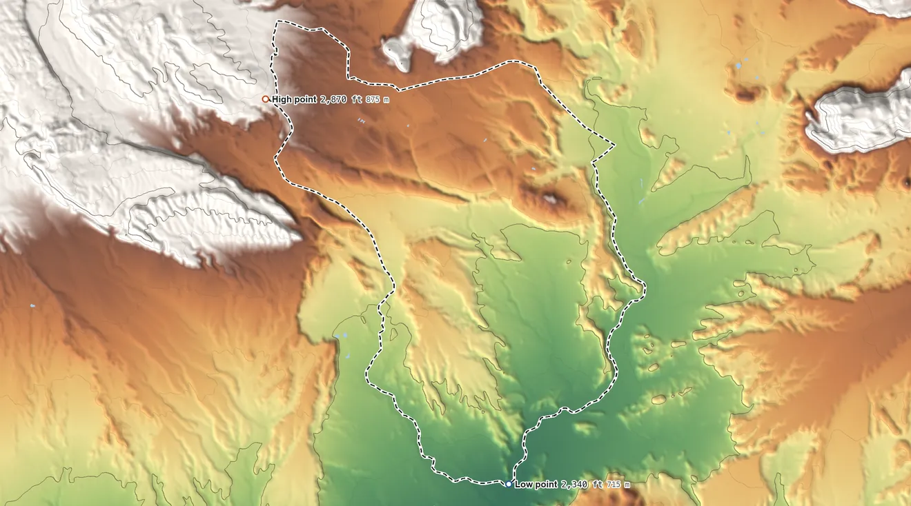 Topographic elevation map of Terlingua, Texas, shaded from 2,340 ft on the southeast side to 2,870 ft at the foot of the Blue Range