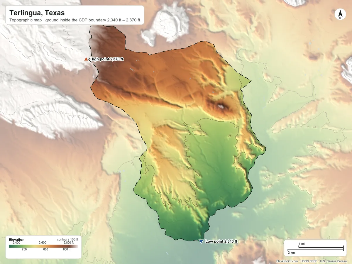 Topographic elevation map of Terlingua, Texas, shaded from 2,340 ft on the southeast side to 2,870 ft at the foot of the Blue Range