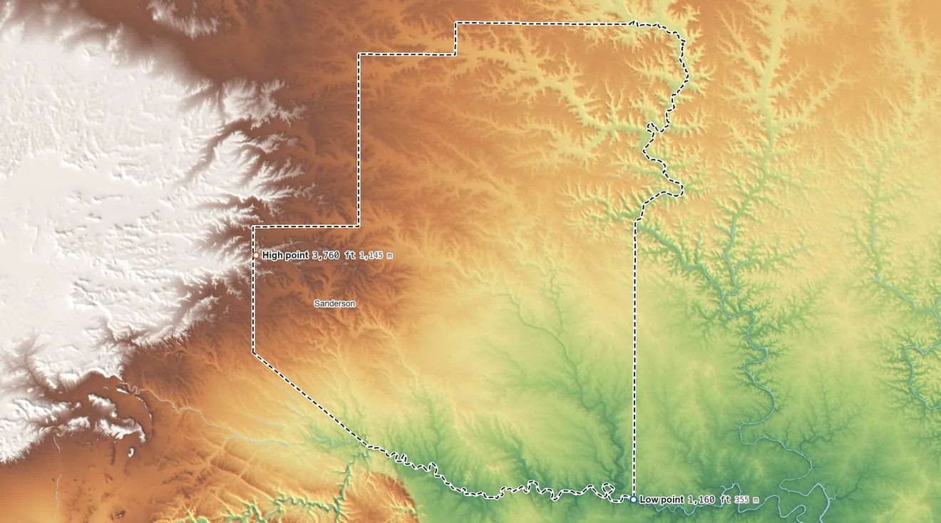 Topographic elevation map of Terrell County, Texas, shaded from 1,160 ft on the southeast side to 3,760 ft on the west side