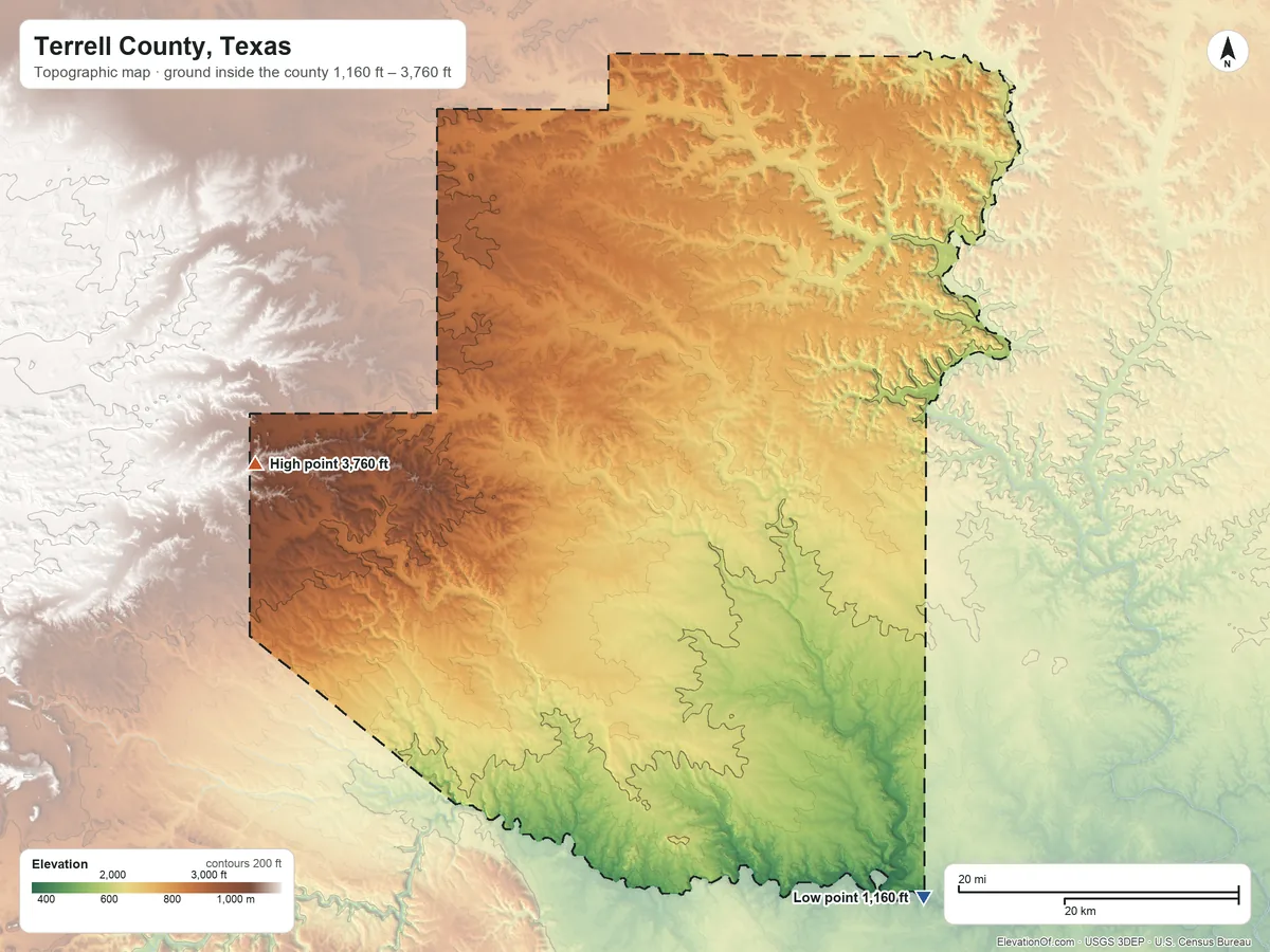 Topographic elevation map of Terrell County, Texas, shaded from 1,160 ft on the southeast side to 3,760 ft on the west side