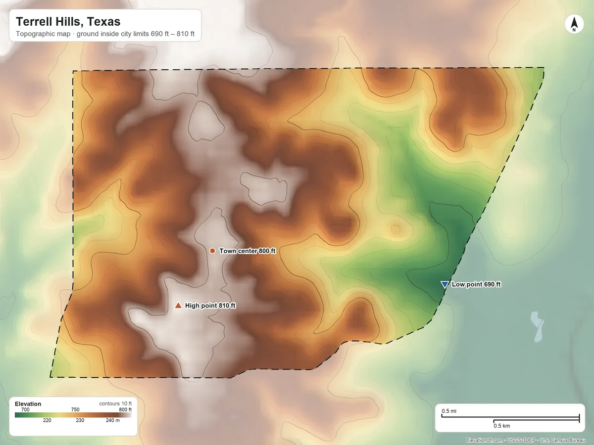 Topographic elevation map of Terrell Hills, Texas, shaded from 690 ft on the east side to 810 ft on the southwest side