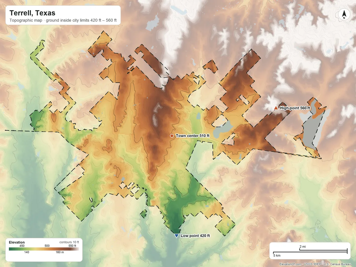 Topographic elevation map of Terrell, Texas, shaded from 420 ft on the south side to 560 ft on the east side